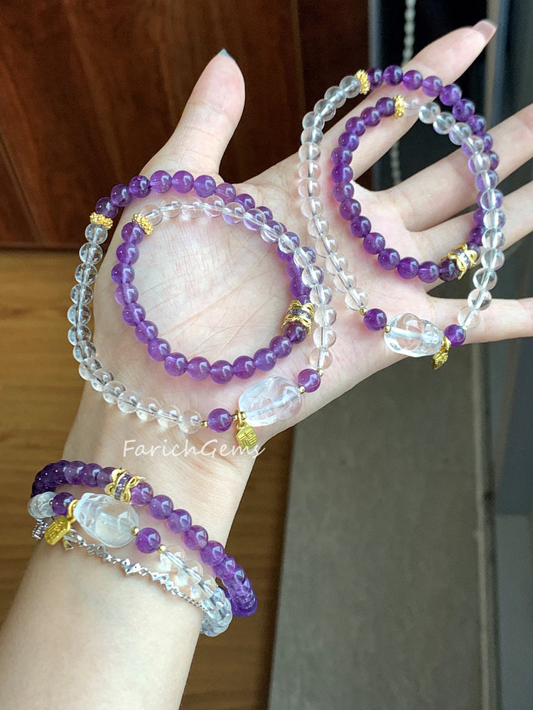 Double Loop Amethyst Clear Quartz Crystal Bracelet 6mm