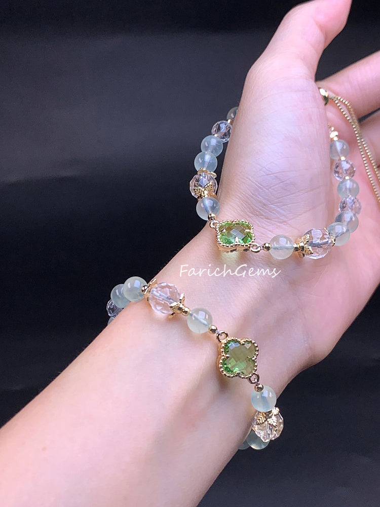 Four Leaf Clover Prehnite Beaded Crystal Bracelet 8mm