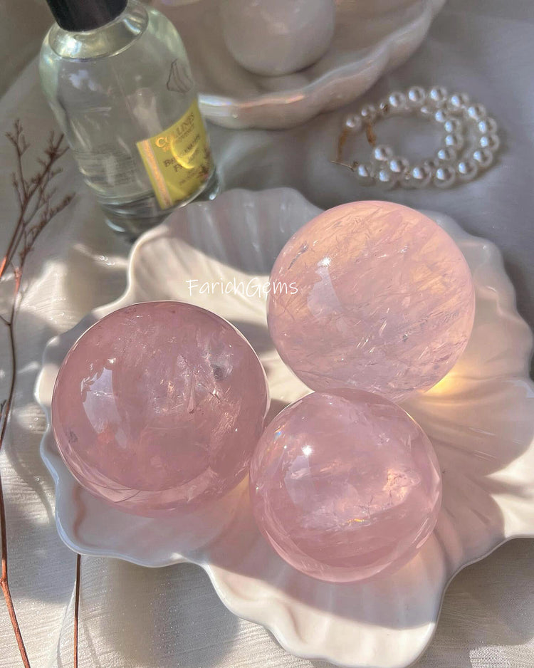 Natural Six-Star Rose Quartz Sphere, Pink Love 6-Point Rose Crystal Sphere