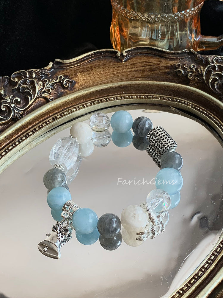 Aquamarine Gray Moonstone Clear Quartz Snowflake Ghost Crystal Bracelet