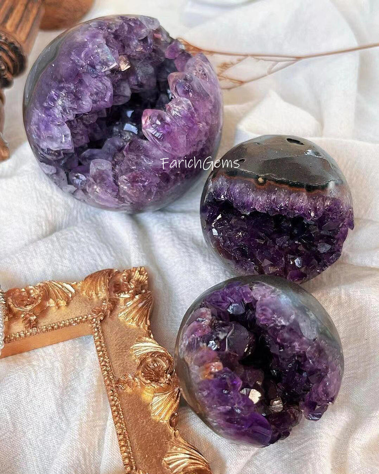 Natural Amethyst Geode Cluster Sphere, Amethyst Purple Crystal Sphere