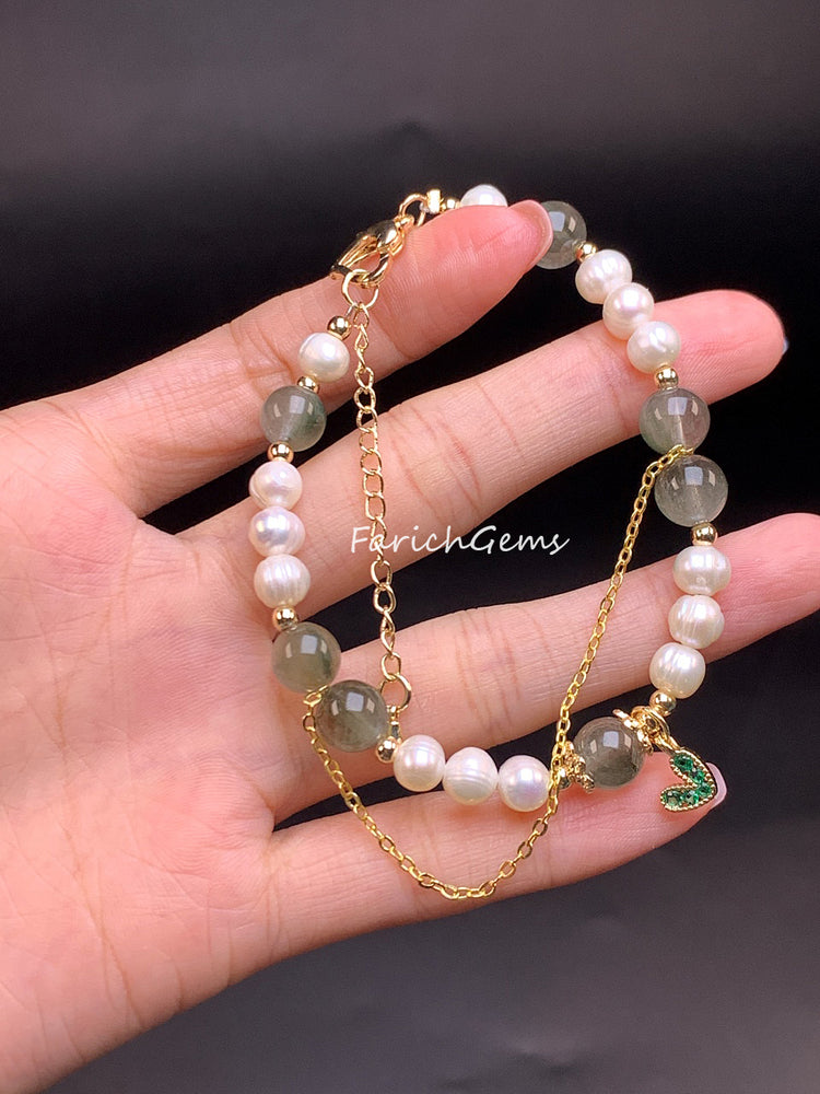 Natural Pearl Green Rutilated Quarz Crystal Bracelet 8mm