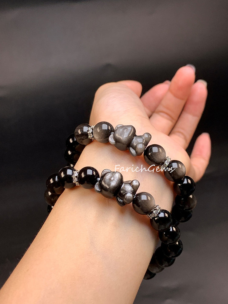 Bear Shape Silver Obsidian Crystal Bracelet 10mm