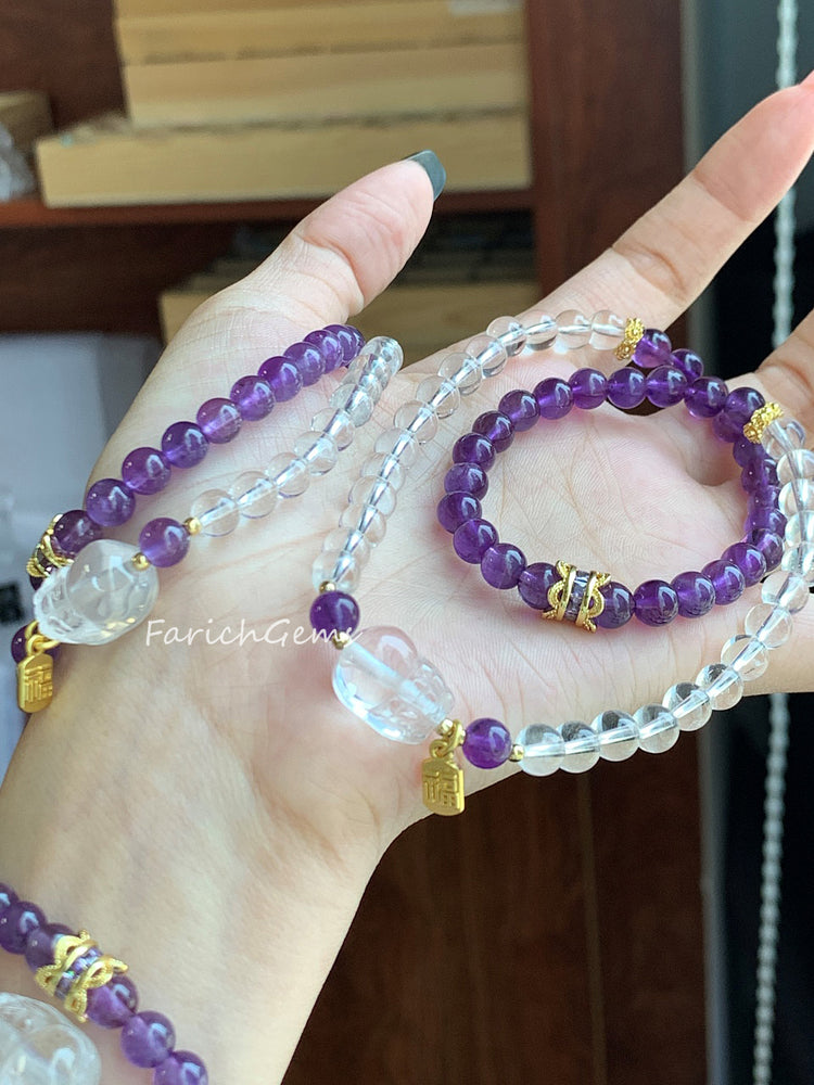 Double Loop Amethyst Clear Quartz Crystal Bracelet 6mm