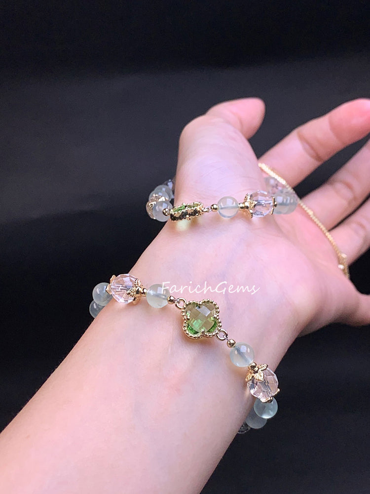 Four Leaf Clover Prehnite Beaded Crystal Bracelet 8mm