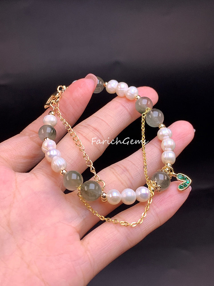 Natural Pearl Green Rutilated Quarz Crystal Bracelet 8mm