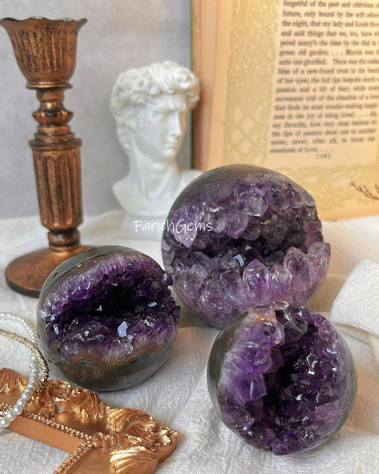 Natural Amethyst Geode Cluster Sphere, Amethyst Purple Crystal Sphere