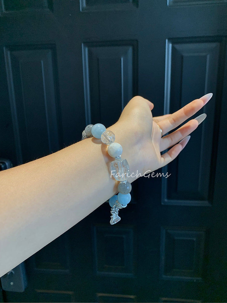 Aquamarine Gray Moonstone Clear Quartz Snowflake Ghost Crystal Bracelet