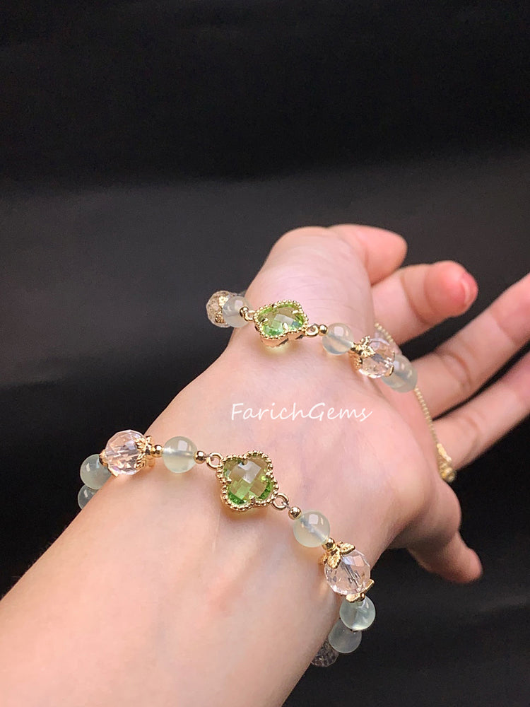 Four Leaf Clover Prehnite Beaded Crystal Bracelet 8mm