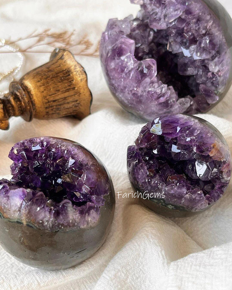 Natural Amethyst Geode Cluster Sphere, Amethyst Purple Crystal Sphere