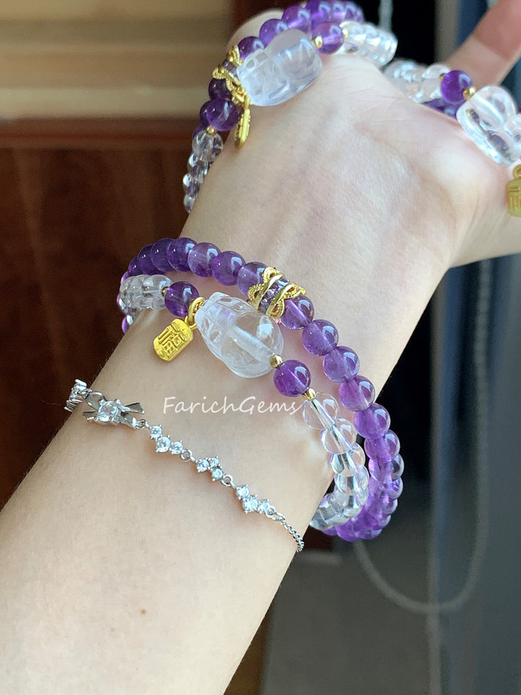 Double Loop Amethyst Clear Quartz Crystal Bracelet 6mm