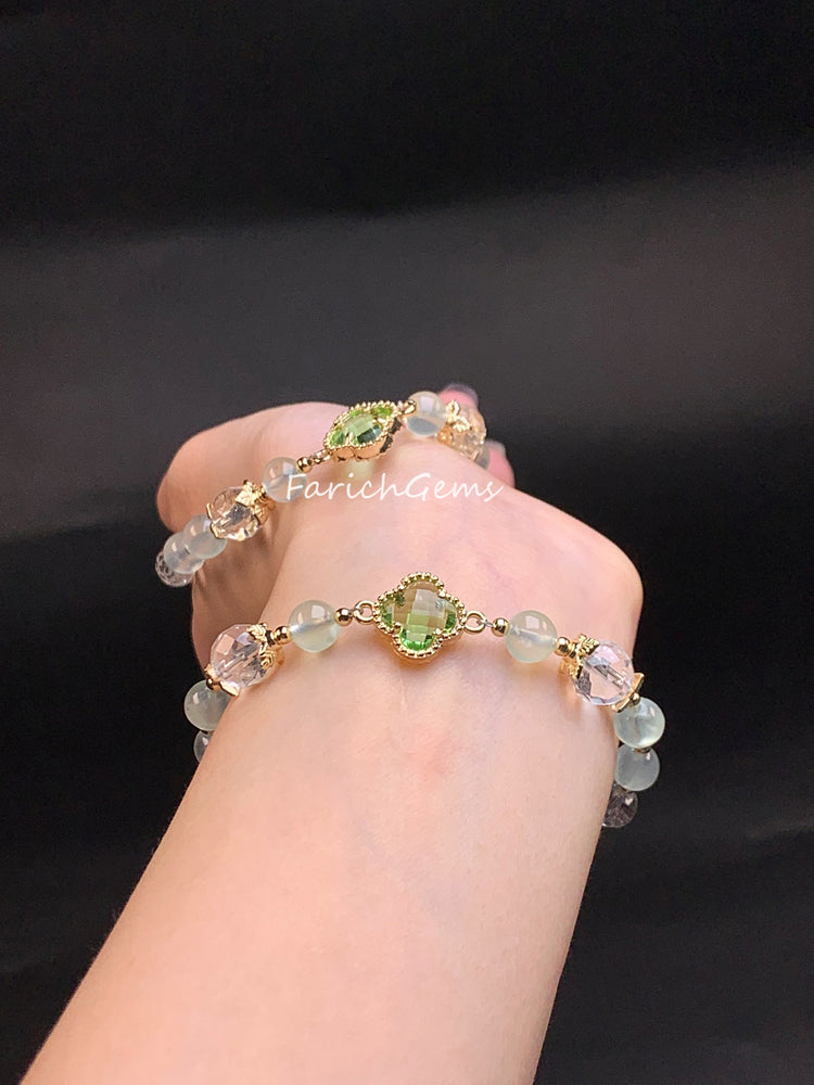 Four Leaf Clover Prehnite Beaded Crystal Bracelet 8mm