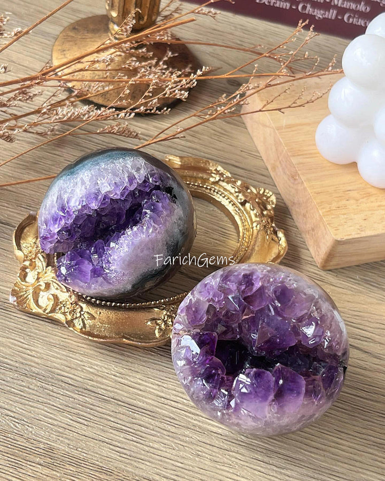 Natural Amethyst Geode Cluster Sphere, Amethyst Purple Crystal Sphere