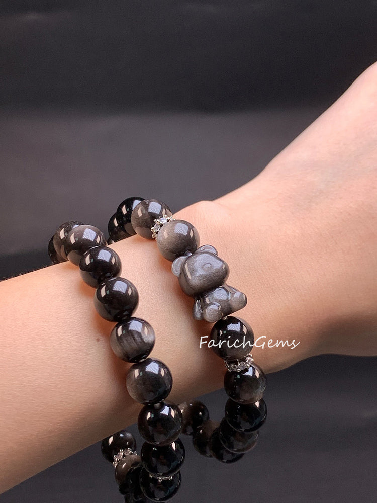 Bear Shape Silver Obsidian Crystal Bracelet 10mm