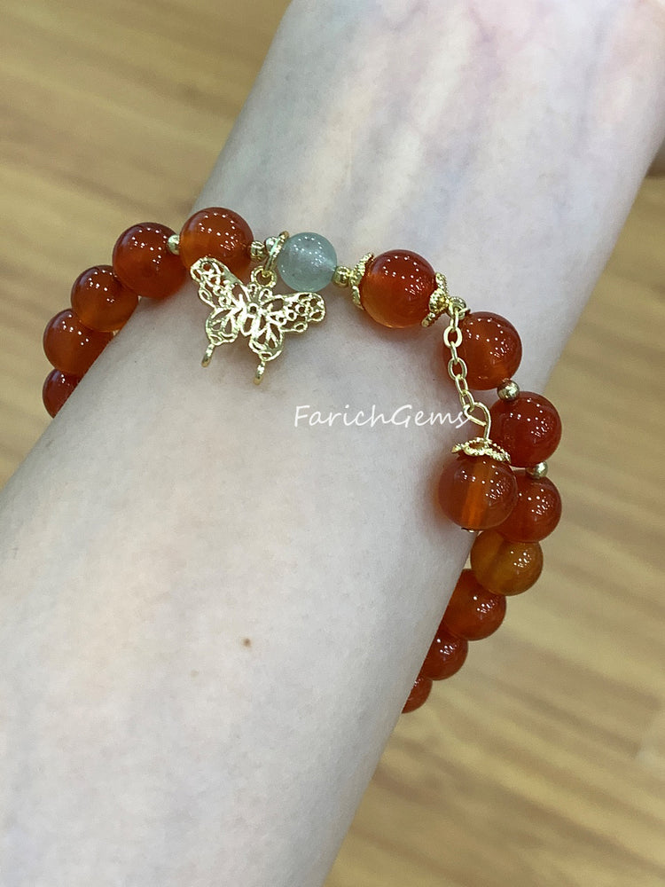 Cornelian Beaded Crystal Bracelet With Butterfly Accessory 8mm