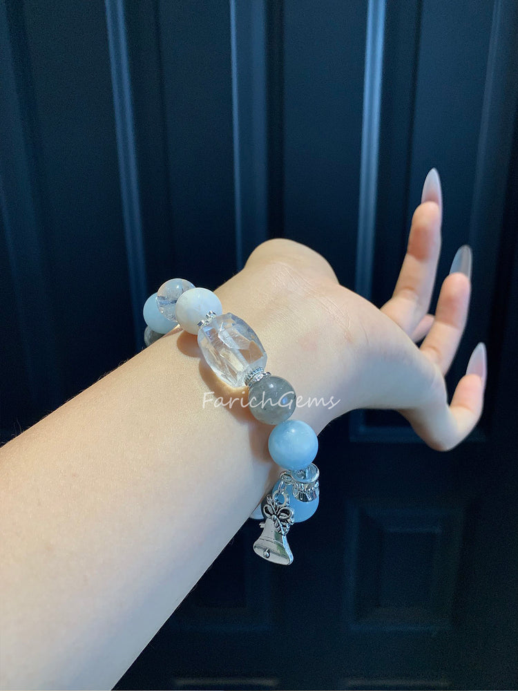 Aquamarine Gray Moonstone Clear Quartz Snowflake Ghost Crystal Bracelet