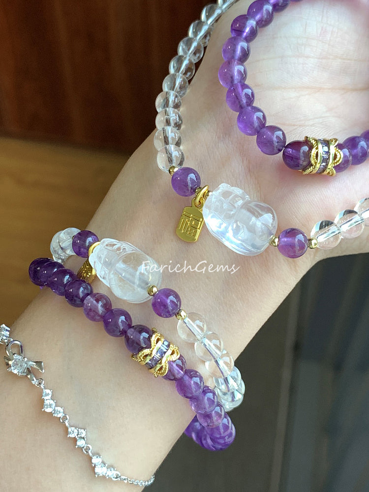 Double Loop Amethyst Clear Quartz Crystal Bracelet 6mm