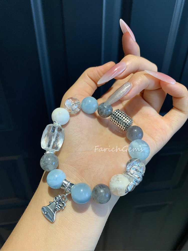 Aquamarine Gray Moonstone Clear Quartz Snowflake Ghost Crystal Bracelet