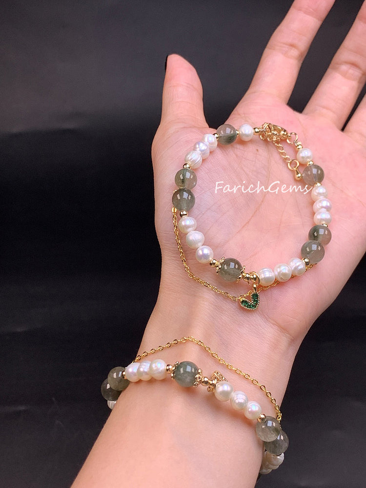 Natural Pearl Green Rutilated Quarz Crystal Bracelet 8mm