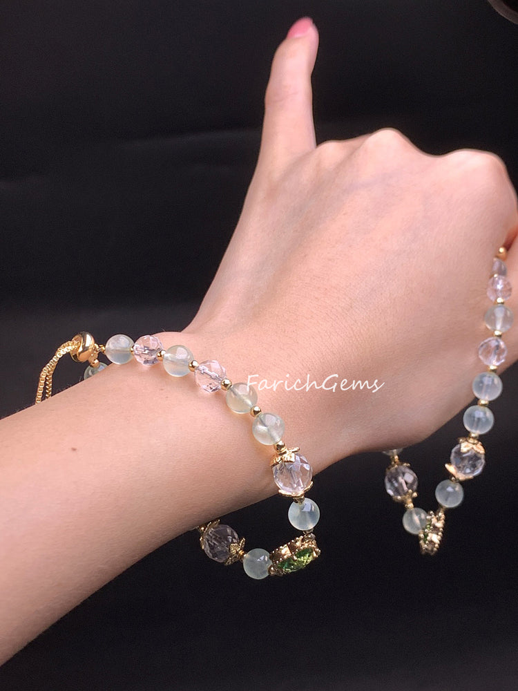 Four Leaf Clover Prehnite Beaded Crystal Bracelet 8mm