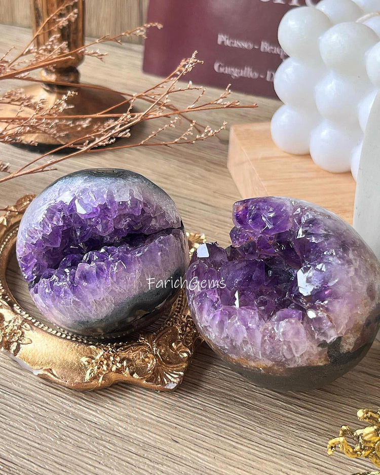 Natural Amethyst Geode Cluster Sphere, Amethyst Purple Crystal Sphere