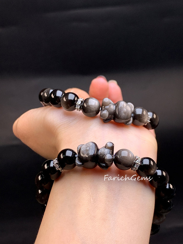 Bear Shape Silver Obsidian Crystal Bracelet 10mm