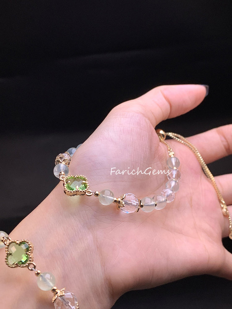 Four Leaf Clover Prehnite Beaded Crystal Bracelet 8mm