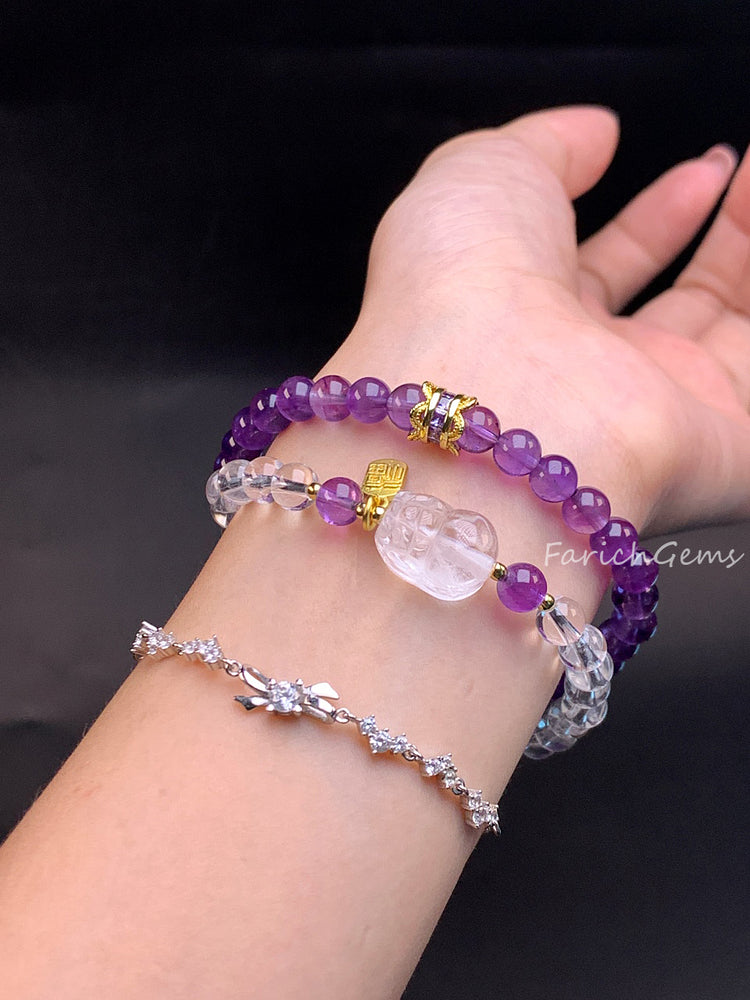 Double Loop Amethyst Clear Quartz Crystal Bracelet 6mm