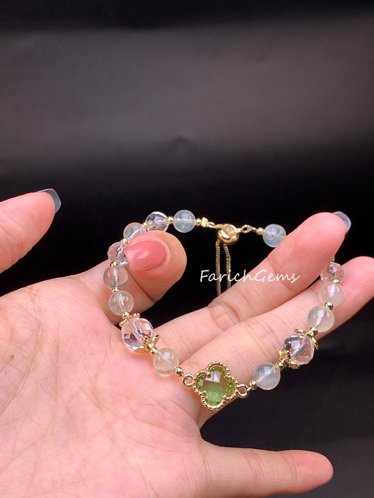 Four Leaf Clover Prehnite Beaded Crystal Bracelet 8mm