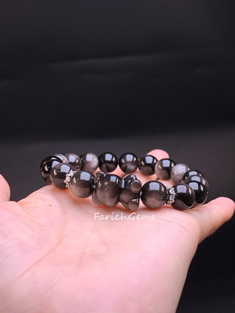 Bear Shape Silver Obsidian Crystal Bracelet 10mm