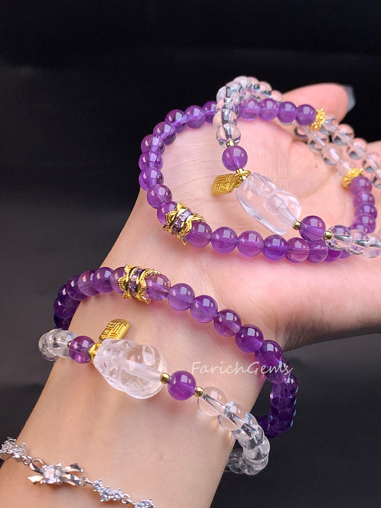 Double Loop Amethyst Clear Quartz Crystal Bracelet 6mm