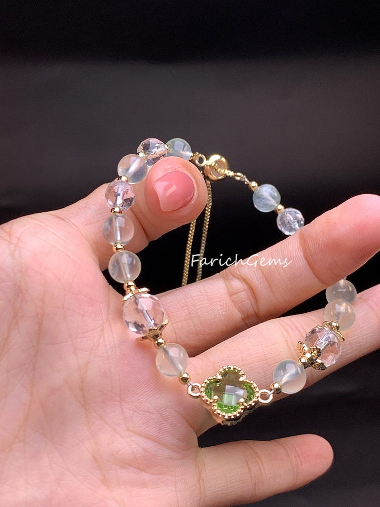 Four Leaf Clover Prehnite Beaded Crystal Bracelet 8mm