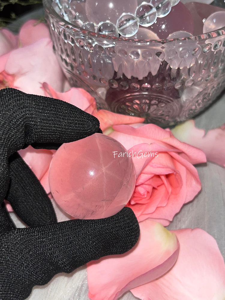 Natural Six-Star Rose Quartz Sphere, Pink Love 6-Point Rose Crystal Sphere