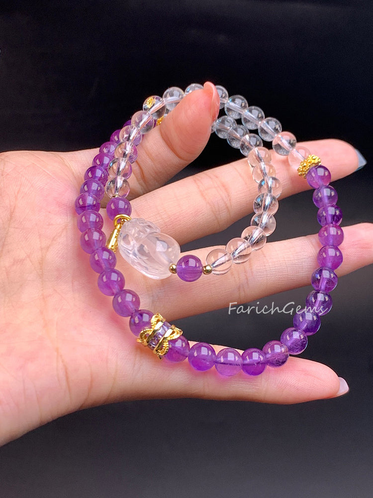 Double Loop Amethyst Clear Quartz Crystal Bracelet 6mm